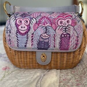 Eric Javits Embroidered Wicker Bag with Three Wise Monkeys Design, Purple, Pink.
